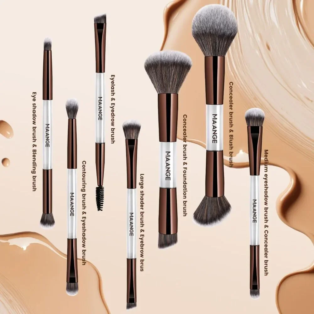 Maange 7 Pieces Gray Double-ended Make up Brushes Set With Bag